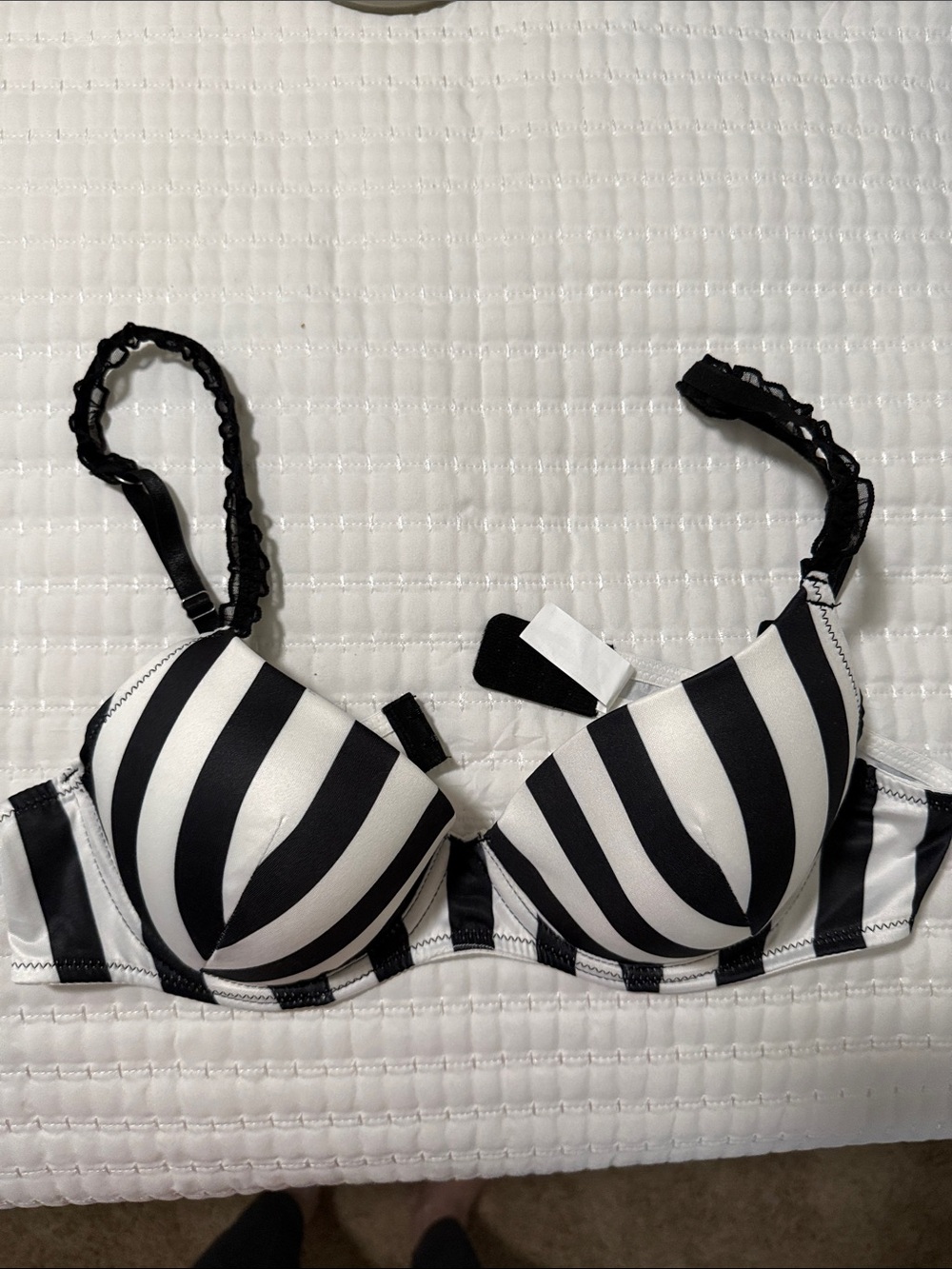 Black & White Striped Push-Up Bra with Lace Trim